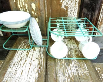 Vintage Turquoise Blue Vinyl Coated Metal Storage Dishware/Dinnerware Rack