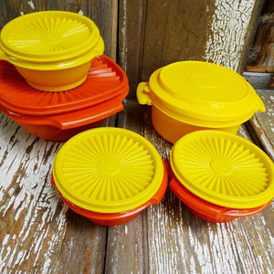 Vintage Tupperware Orange and Bright Yellow Storage Containers