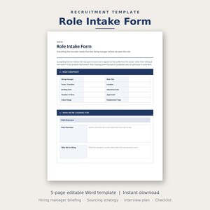 Rollintagningsformulär | Rekryterare/anställningschefsbriefingdokument | Redigerbar Word-mall | Rekryteringsplaneringsdokument
