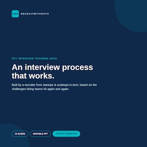 May include: A dark blue digital presentation slide titled PPT INTERVIEW TRAINING DECK with the text An interview process that works. It includes the RWR RECRUITWITHRUTH logo, a description of the content, and three buttons labeled 12 SLIDES, EDITABLE PPT, and INSTANT DOWNLOAD.