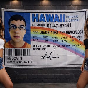 May include: A large rectangular wall banner featuring a replica of the Hawaii driver license for McLovin, displaying the name, address, birth date, and a portrait of a person wearing glasses, with a rainbow graphic and a barcode printed on white fabric.