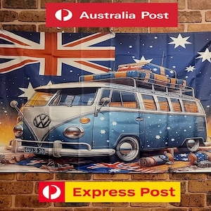 May include: A rectangular wall flag featuring a light blue vintage Volkswagen bus with a roof rack, set against a dark blue background with white stars. The Australian flag design is integrated into the background, and the bus has a white front.