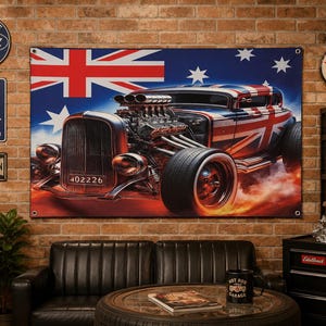 May include: A rectangular wall banner featuring a hot rod car with a Union Jack paint scheme, positioned against a background of the Australian flag. The car has a large exposed engine, wide tyres, and a license plate with the number 402226.