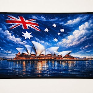 Könnte beinhalten: Ein rechteckiger Wandteppich mit einem lebendigen, hochauflösenden Druck des Sydney Opera House bei Nacht, beleuchtet mit warmem goldenen Licht, vor einem tiefblauen Himmel mit der australischen Flagge über den Wolken.