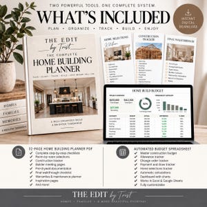 Könnte beinhalten: Ein digitales Hausbau-Planungssystem mit automatisierter Budget-Tabelle. Das Cover des Planers zeigt ein Küchenbild und den Text THE EDIT by Trist THE COMPLETE HOME BUILDING PLANNER. Die Tabelle zeigt Daten zum Projektbudget.