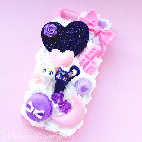 Custom Sailor Moon Luna and Artemis Kawaii Decoden Phone Case for Iphone 4/4s, 5/5s/5c, Samsung Galaxy S2, S3, S4 or Ipod Touch, HTC One X