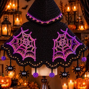 Halloween Crochet Cape Pattern PDF, Gothic Hooded Cloak, Spiderweb Bat Design, Witch Costume