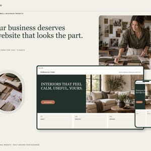 Könnte beinhalten: Eine digitale Darstellung eines Website-Designs für kleine Unternehmen namens NAVQIO. Das Layout enthält den Text Your business deserves a website that looks the part, ein Foto einer Innenarchitektin und ein Website-Mockup für Terrain & Tone.