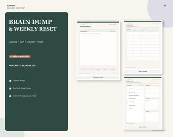 Brain Dump Printable | Weekly Reset Planner, Next Action Worksheet & Fillable PDF Mini Pack