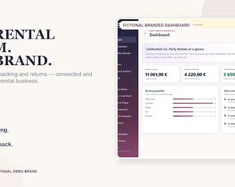 Sistema de gestión de alquiler de artículos para fiestas: edición personalizada con logotipo y colores a medida, seguimiento de reservas, inventario y disponibilidad.