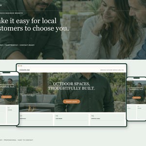 May include: A digital mockup of a website design for a local service business named Cedarline, displayed on a desktop monitor and two mobile devices. The interface features the text "OUTDOOR SPACES, THOUGHTFULLY BUILT" and a "REQUEST A QUOTE" button.
