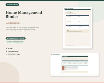Home Management Binder Printable | 60-Page Household Planner, Fillable PDF + Home Tracker Spreadsheet