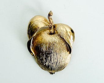 1960s Vintage Gold Tone Apple Brooch Pendant Textured Fruit Pin Dual Wear Retro Jewelry Gift
