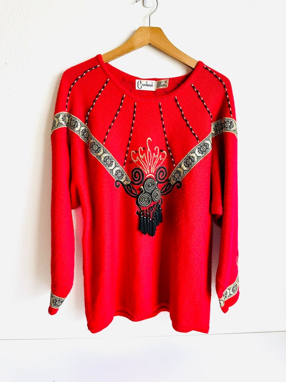 Vintage 80s Carducci Knit Red Embellished Oversize