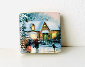 Vintage New Hallmark 2000 Thomas Kinkade Painter of Light 6 Coasters Winter Set, Replacement Set Coasters, Kinkade Gallery of Winter Scene