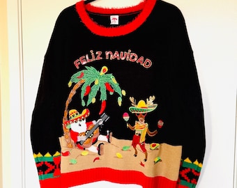 Feliz Navidad Świąteczny sweter Duży meksykański Fiesta Święty Renifer Sombrero Czas wakacji Brzydki Świąteczny sweter