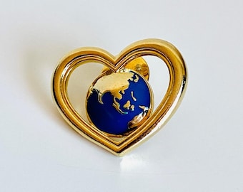 Vintage Globe Heart Pin Love the World Gold Tone Enamel Brooch Gold Tone