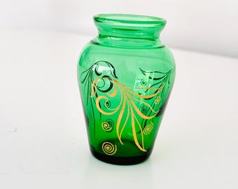 Vintage Anchor Hocking Emerald Forest Green Bud Vase with Gold Leaves Design