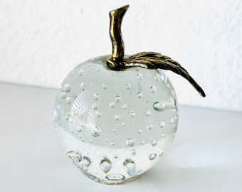Vintage Clear Glass Apple Paperweight Controlled Bubbles w/ Brass Stem and Leaf, Glass Art, Desk Glass Paperweight, Office Desk Art