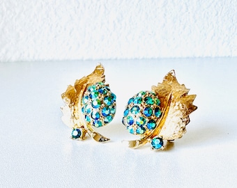 Vintage Charel Gold Tone Leaf with Blue Aurora Borealis AB Rhinestone Clip On Earrings, 1960s Vintage Gold Earrings