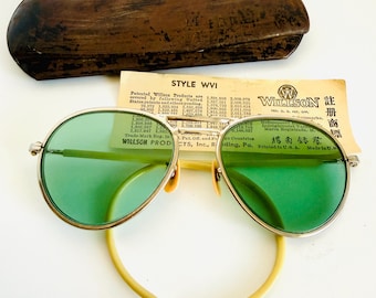 Vintage Willson Style WVI Aviator Safety Glasses Green Lens w/ Metal Case & Paperwork Made in USA Steampunk, Industrial eyewear