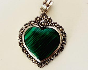 Vintage 925 Sterling Silver Malachite Heart Pendant w Marcasite Green Stone Jewelry