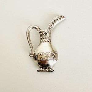 Vintage MCM Mexico Silver Pitcher Brooch,  Beaded Ewer Brooch, Jug Flower Holder Brooch, Mexican Silver Jewelry