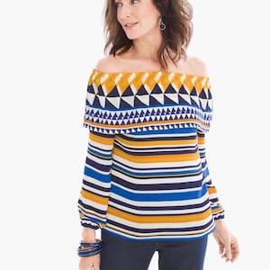 Chico&#39;s Graphic Off-The-Shoulder Top Size 0 Summer Blouse