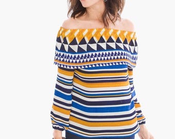 Chico's Graphic Off-The-Shoulder Top Size 0 Summer Blouse