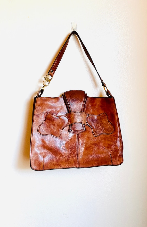Vintage Brown Handmade Leather Shoulder Handbag, … - image 1