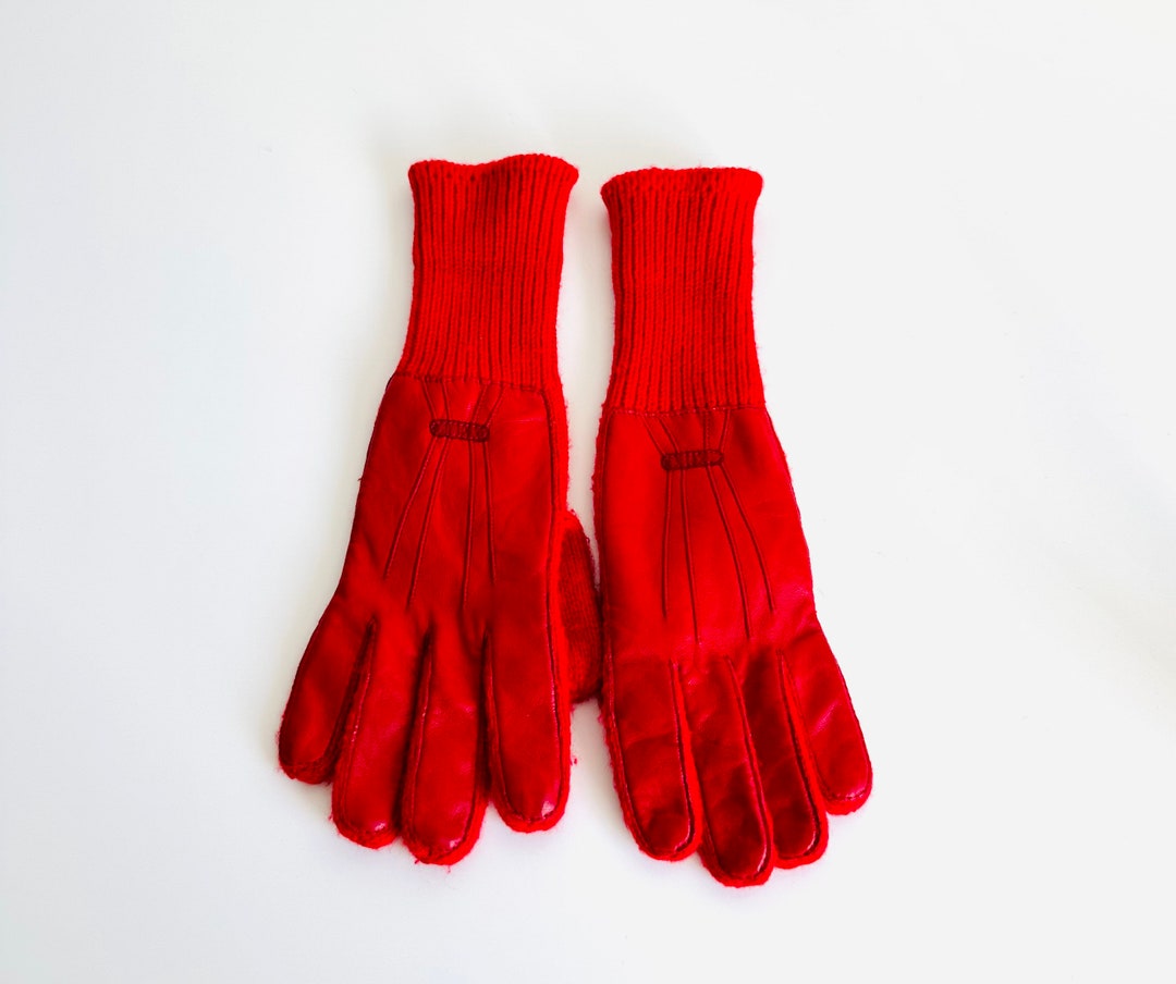 Vintage Womens Knit Gloves With Leather Accents Red Made in Philippines