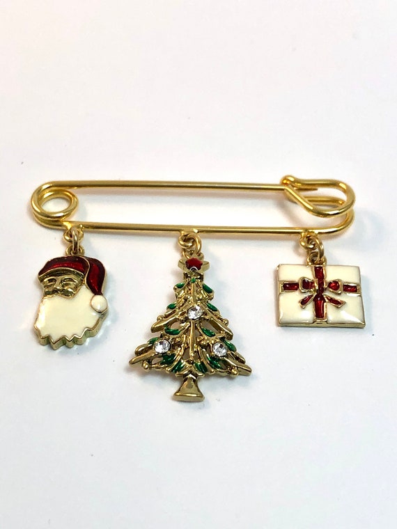 Avon Holiday Charm Pin Gold Tone Tree Santa Gift … - image 1