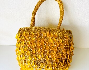 Yellow 1950s Richere Hand Bag by Walborg Made in Hong Kong Beaded & Sequince, Yellow and Gold Handbag, Vintage Fashion Purse, Beaded Bag