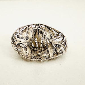 Vintage Sterling Silber Mexikanische Sombrero, Filigrane Handgefertigte Silber Hutnadel 900, Mexiko Silber Hutbrosche