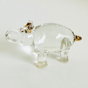Vintage Miniature Hand Blown Art Clear Glass Hippopotamus with Gold Trim, Glass Hippo Glass Figurine
