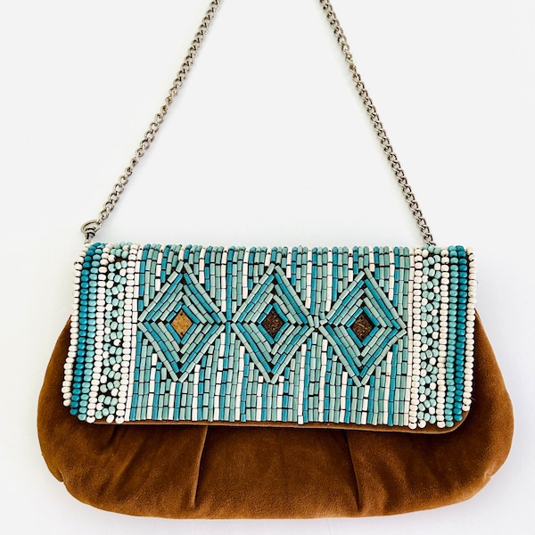 Chico's Western Turquoise Beaded Brown Suede Chain Strap Purse, Southwest Clutch Purse, Cowboy Purse,