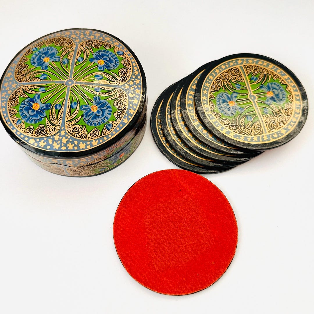Vintage Paper Mache Hand Painted Lacquerware Coaster Set of 6 ...