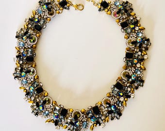 Blue Crystal Statement Necklace Black Rhinestone Bib Collar Necklace Gold Tone Glam Jewelry Evening Wedding Prom Necklace