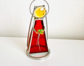 Vintage Glass House Studio Red Stained Glass Angel, Holiday Light Nativity Decor
