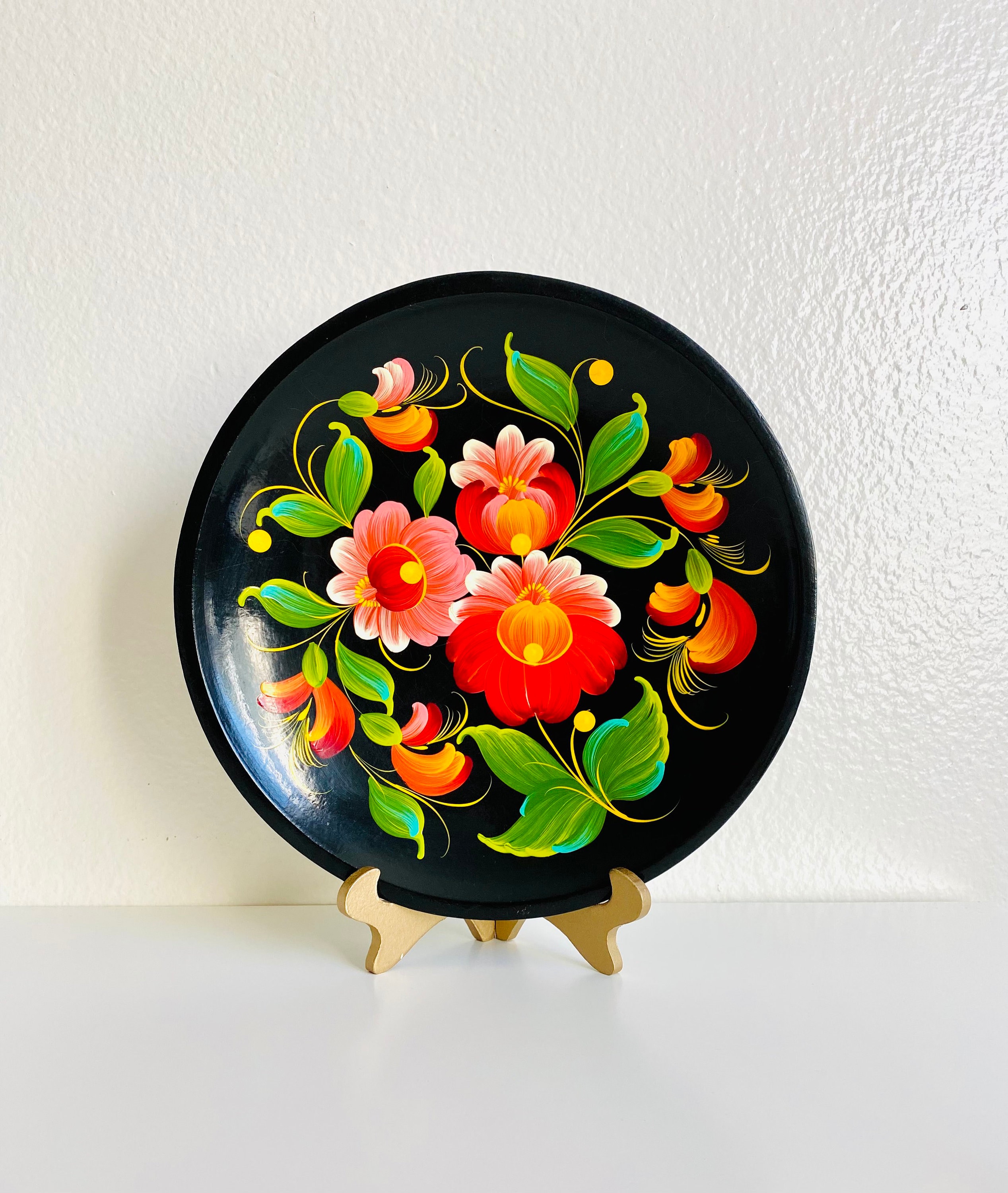Hand Painted Black Lacquer Floral Plate, Russian Decorative Plate