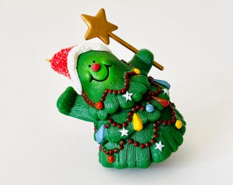 Hallmark 1982 Jolly Christmas Tree Keepsake Vintage Ornament, Holiday Tree Decoration, Smiley Tree with Santa Hat