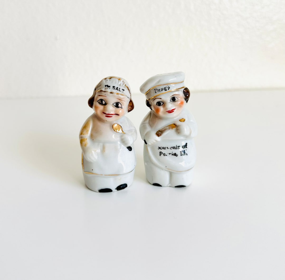 Vintage Chef Salt and Pepper Shakers Set of 2 Im Salt Im Pep, Porcelain Cooks Shakers Made in