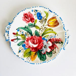 1930s Hand-Painted Italian Nove Rose Platter 12.5&quot; with Edge Handle, Rose Plate