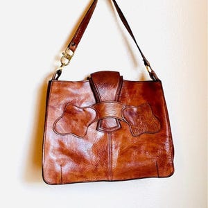 Brown Handmade Leather Shoulder Handbag, 1970s Handcrafted Leather Bag, MCM Style Purse, Vintage Leather Bag, Unique Details Bag