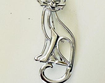 Danecraft Vintage Cat Pin Silver Tone Modernist Cat Brooch Minimalist Jewelry