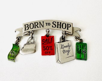 JJ Jonette Signed Pewter Brooch Pin - Botn to Shop with Dangling Charms, Shopaholic Brooch,
