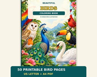 Beautiful Birds Coloring Book Printable, 50 Bird Coloring Pages, Kids Adult Coloring PDF, US Letter and A4 Instant Download