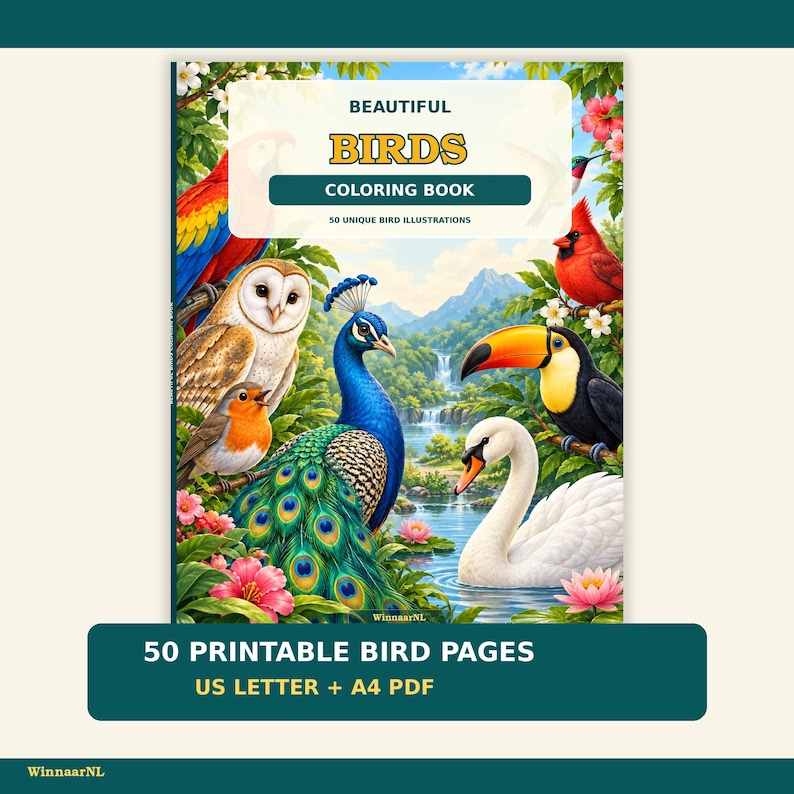 May include: A coloring book titled Beautiful Birds Coloring Book with 50 unique bird illustrations. The cover features a colorful macaw, owl, robin, peacock, cardinal, toucan, and swan in a landscape. Text includes 50 Printable Bird Pages US Letter + A4 PDF.
