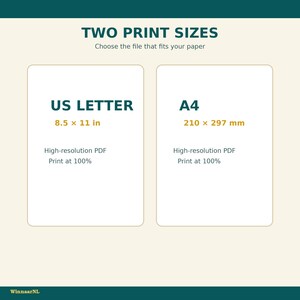May include: An informational graphic titled TWO PRINT SIZES with two white rectangles. The left box reads US LETTER, 8.5 x 11 in, High-resolution PDF, Print at 100%. The right box reads A4, 210 x 297 mm, High-resolution PDF, Print at 100%. Text WinnaarNL.