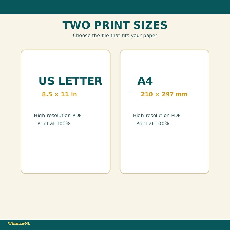 May include: An informational graphic titled TWO PRINT SIZES with two white rectangles. The left box reads US LETTER, 8.5 x 11 in, High-resolution PDF, Print at 100%. The right box reads A4, 210 x 297 mm, High-resolution PDF, Print at 100%. Text WinnaarNL.
